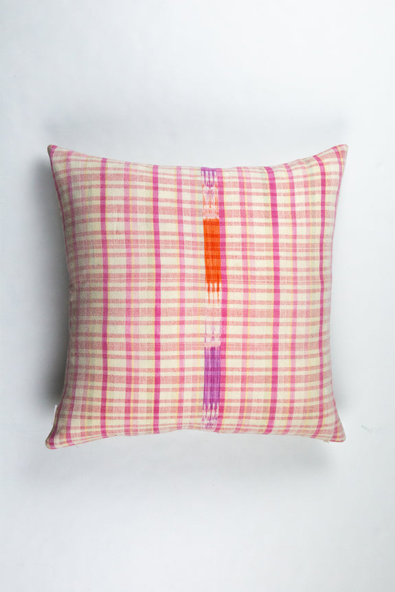 Vintage Gingham Ikat Pink & Orange Pillow