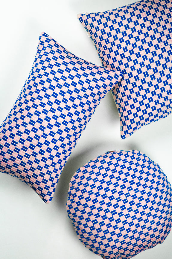 Checkered Brocade Pillow - Pink & Blue Circle