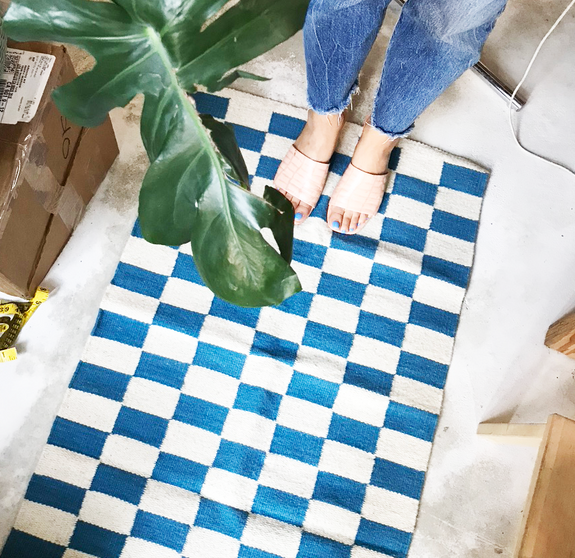 Zapotec Checkered Rug in Blue & Ivory