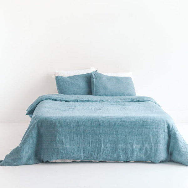 Linen Queen Duvet Cover Set - Denim Blue