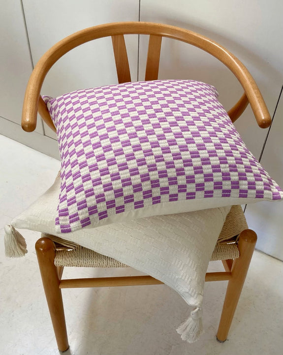 Checkered Brocade Pillow - Lilac & White