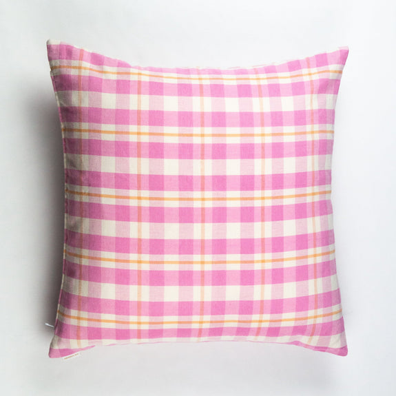 Abigail Plaid Square Pillow in Bubblegum and Peach
