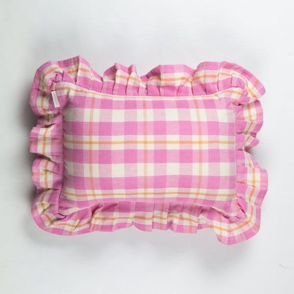 Abigail Ruffle Plaid Pillow in Bubblegum and Peach