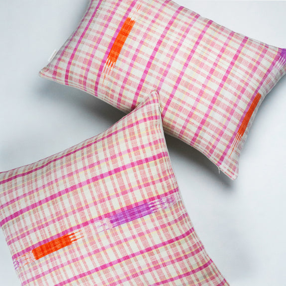 Vintage Gingham Ikat Pink & Orange Pillow