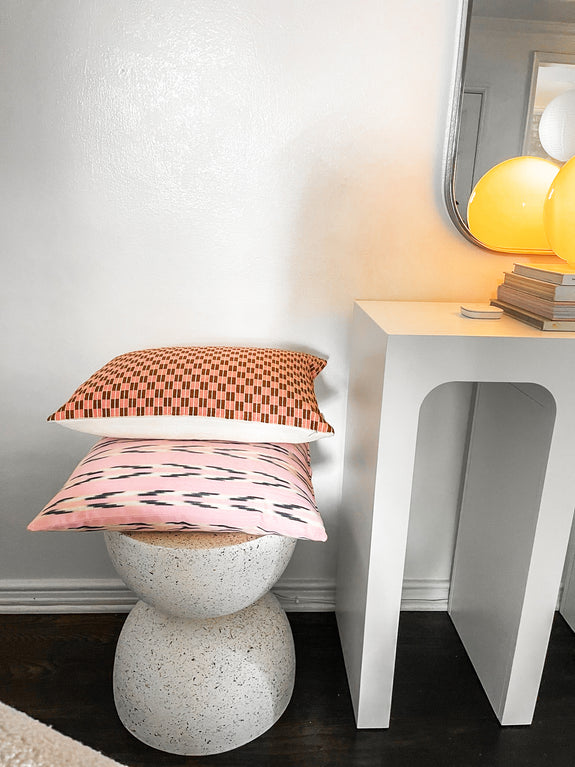 Checkered Brocade Pillow - Pink & Umber