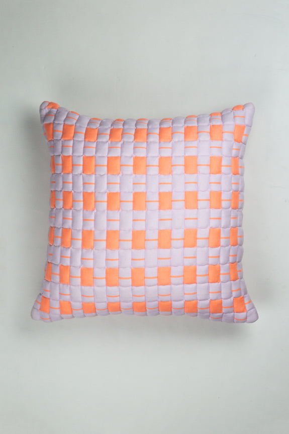 Sujani Quilted Pillow — Pastel Lilac and Neon Orange