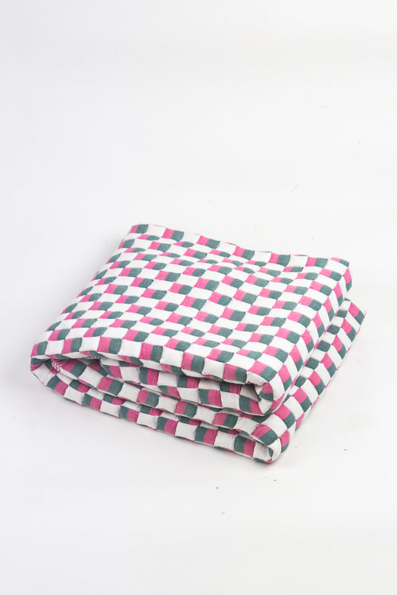 Quilted Suzani Throw Blanket - Pink and Green