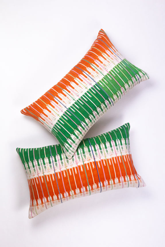 Vintage Ikat Orange & Green Pillow