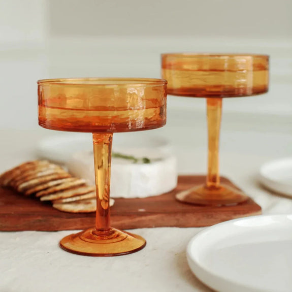 Handblown Hammered Coupe Cocktail Glasses, Amber - set of 4