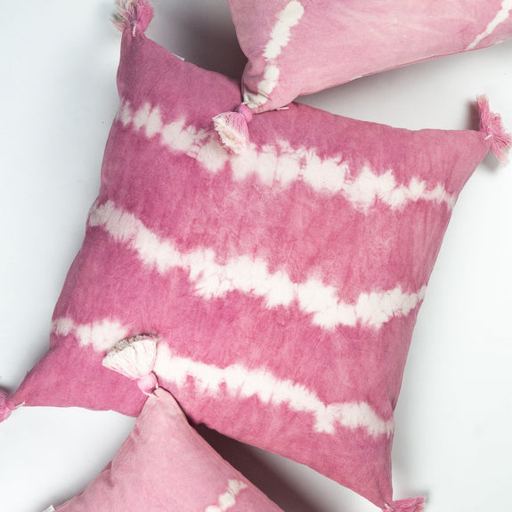 Pink Natural Dyed Shibori Tassel Square Pillow