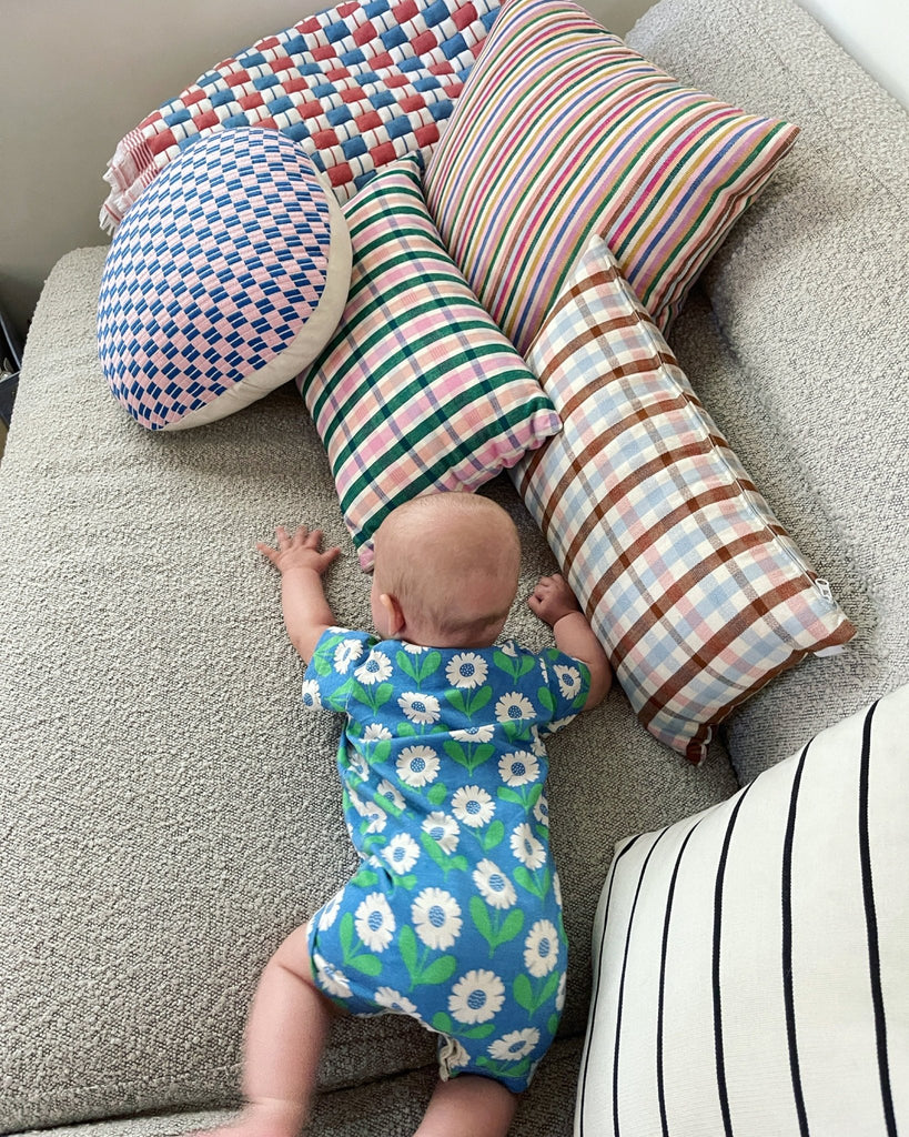 Checkered Blue and Pink Brocade Pillows - Archive New York