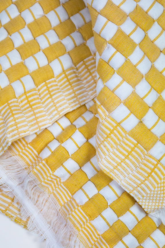 Quilted Suzani Throw Blanket - Yellow & White