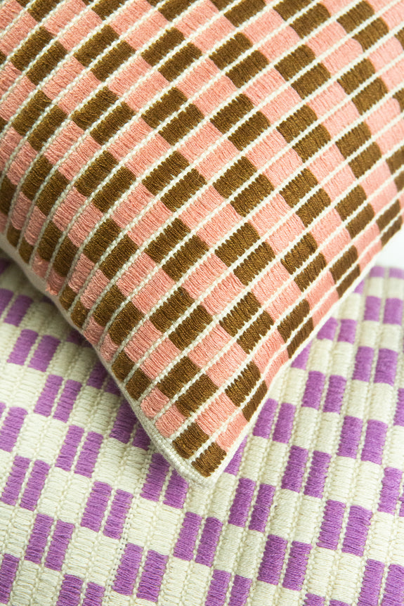 Checkered Brocade Pillow - Pink & Umber