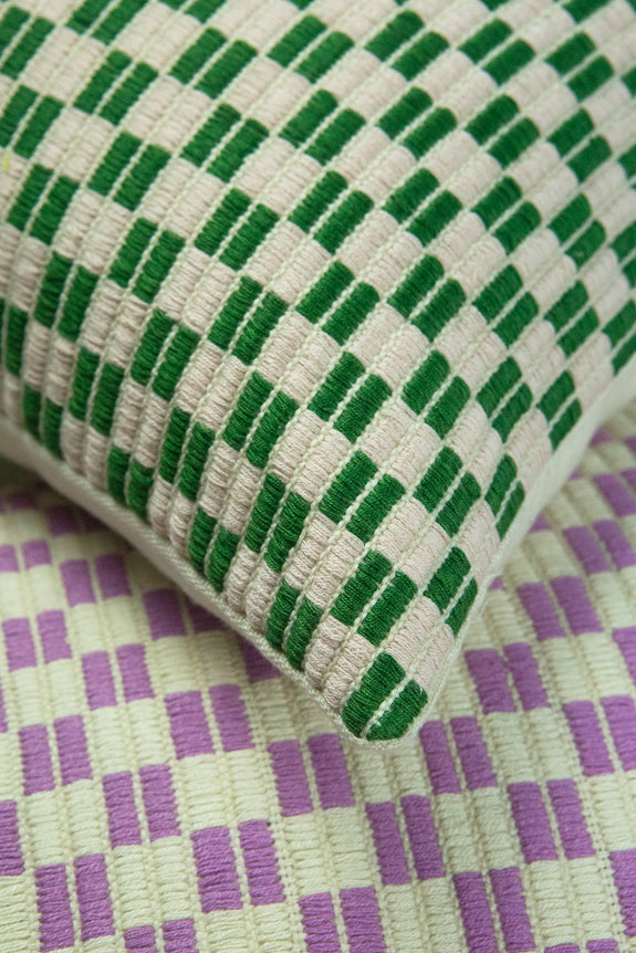 Checkered Brocade Pillow - Green & Cream