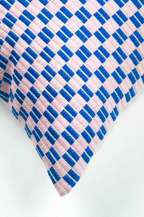 Checkered Brocade Pillow - Pink & Blue  - Square