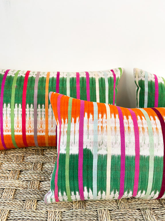 Vintage Ikat Orange & Green Rainbow Pillow