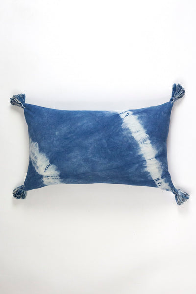 Indigo Diagonal Shibori Tassel Lumbar Pillow 12" x 20" - Archive New York