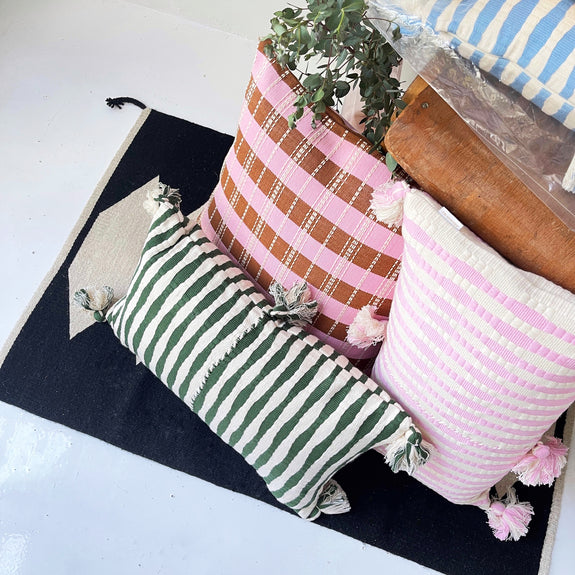 Backordered: Santiago Grid Pillow - Baby Pink &amp; Umber - 18"x18"